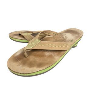Rainbow Sandals Men's Sz 7.5 - 8.5 Tan Green 1 " Leather Straps Double Layer
